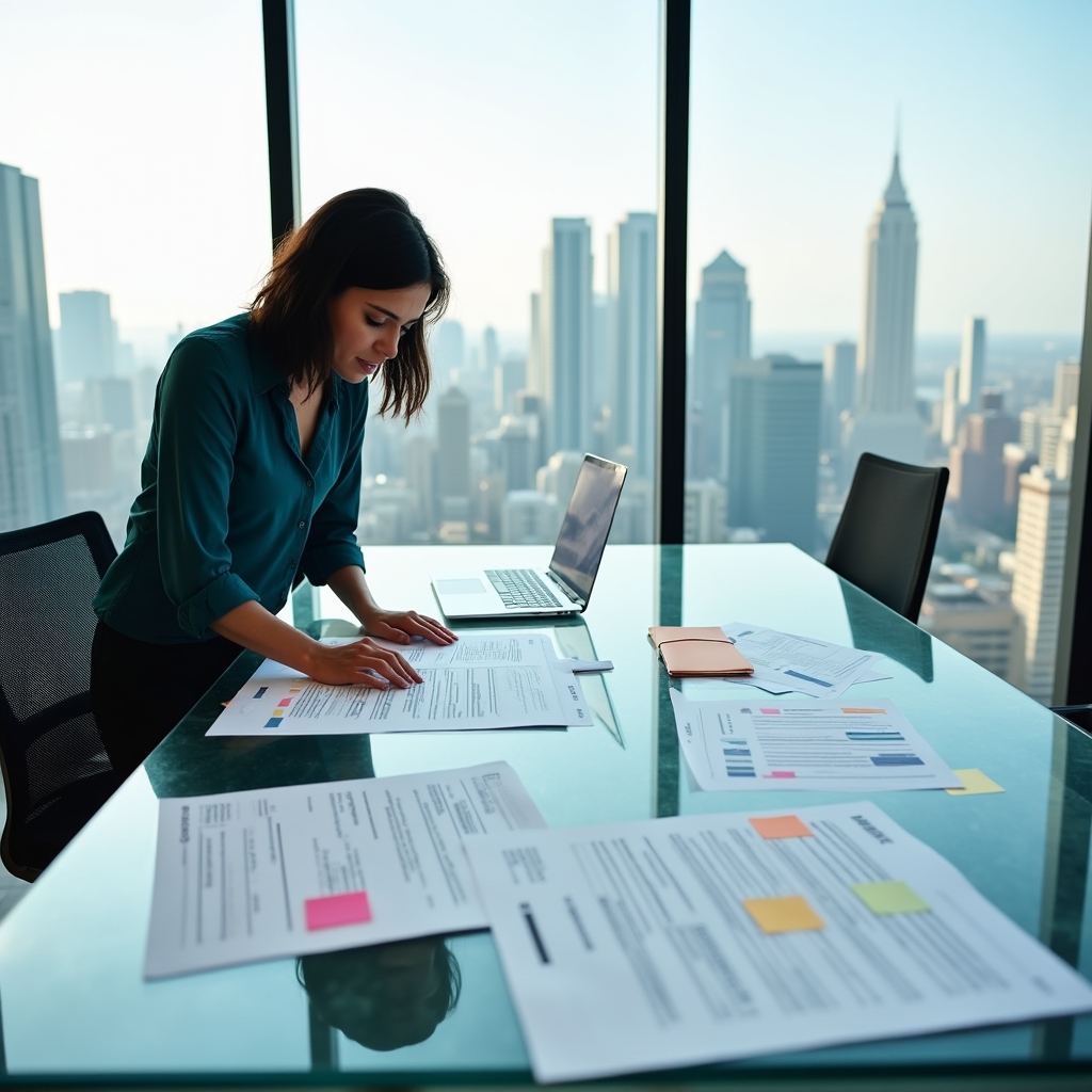 Marketing professional reviewing content strategy documents spread across a glass desk with city views