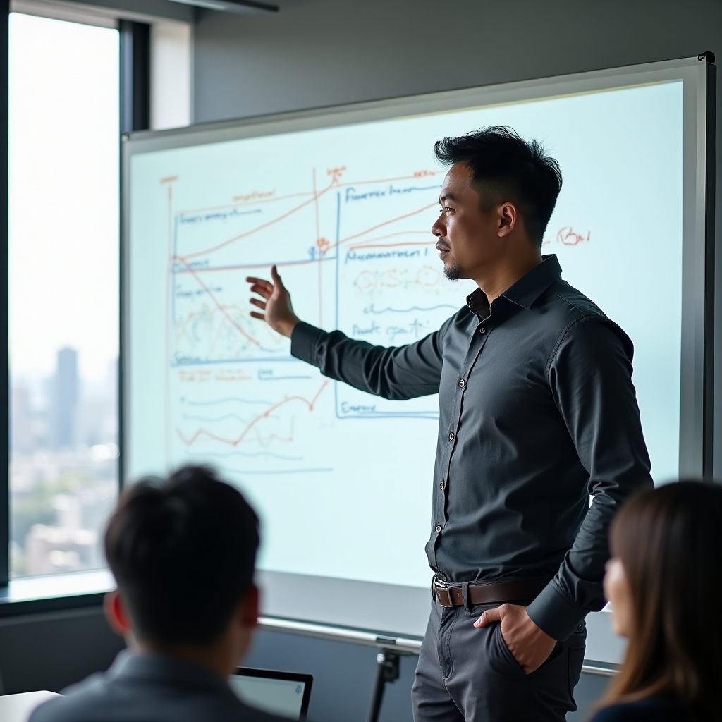 Program facilitator presenting SEO concepts on a whiteboard in a bright modern training room