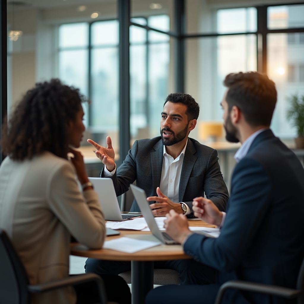 Small group of marketing professionals in a focused discussion during a live training session